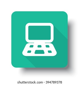 Flat white Computer web icon on green button with drop shadow