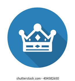 Flat white Crown web icon with long drop shadow on blue circle