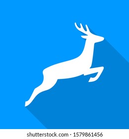 Flat white deer icon with a long shadow on a blue background.