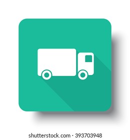 Flat white Delivery Truck web icon on green button with drop shadow