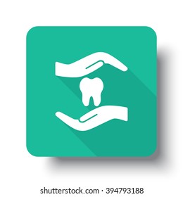 Flat white Dental Care web icon on green button with drop shadow