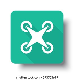 Flat white Drone Quadcopter web icon on green button with drop shadow