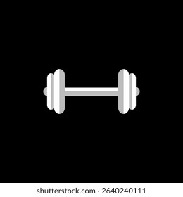 Flat white dumbbell icon with two weight plates on each side over black background, ideal for fitness logos, gym app icons, or modern sports illustrations