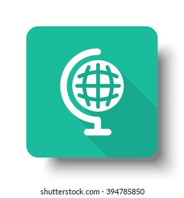 Flat white Earth Globe web icon on green button with drop shadow