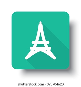 Flat white Eiffel Tower web icon on green button with drop shadow