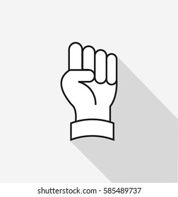 flat white fist of hand icon with no finger open symbol on grey square background. hand gestures with shadow effect