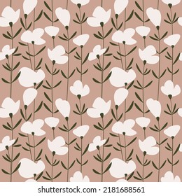 Flat white flower seamless pattern. Abstract floral vector illustration. Summer holiday backdrop. Wallpaper, background, fabric, textile, print, wrapping paper or package design.