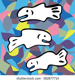 Flat white funny cartoon fishes on mosaic background. Prehistoric fishes. Simple hand drawn design.
