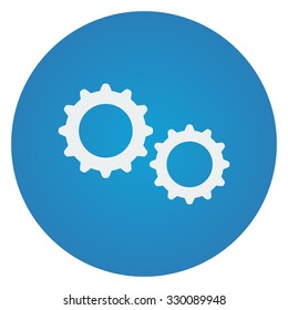 Flat white Gears icon on blue circle