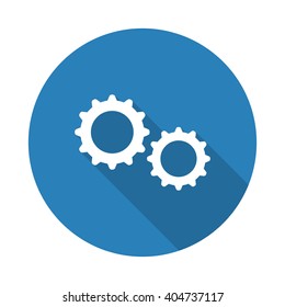 Flat white Gears web icon with long drop shadow on blue circle
