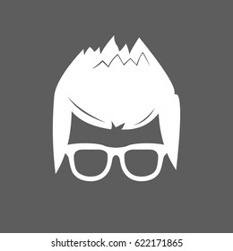 flat white geek head icon with smooth hair style wearing eye glass with no eye balls isolated in dark grey square