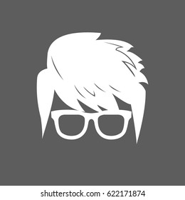 flat white geek head icon with smooth hair style wearing eye glass with no eye balls isolated in dark grey square