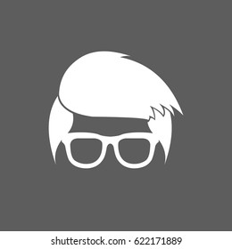 flat white geek head icon with smooth hair style wearing eye glass with no eye balls isolated in dark grey square