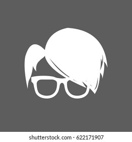 flat white geek head icon with smooth hair style wearing eye glass with no eye balls isolated in dark grey square