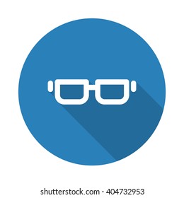 Flat white Glasses web icon with long drop shadow on blue circle