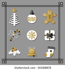 Flat white and golden Christmas icons set with black border on gray background