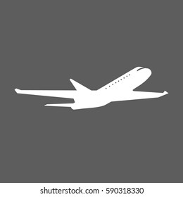 flat white grey floating airplane icon in take off position on grey square background
