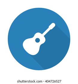 Flat white Guitar web icon with long drop shadow on blue circle