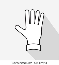 flat white hand icon with five fingers open symbol on grey square background. hand gestures with shadow effect
