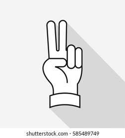 flat white hand icon with two fingers open symbol on grey square background. hand gestures with shadow effect