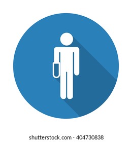 Flat white Hand web icon with long drop shadow on blue circle
