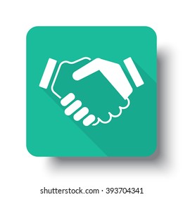 Flat white Handshake Agreement web icon on green button with drop shadow