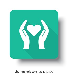 Flat white Heart care web icon on green button with drop shadow