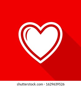 Flat white heart icon with a long shadow on a red background.