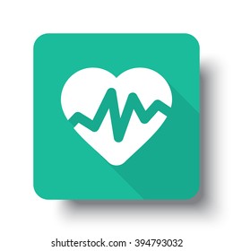 Flat white Heart Rate Pulse web icon on green button with drop shadow