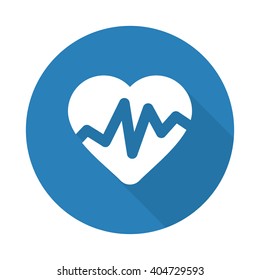 Flat white Heart Rate Pulse web icon with long drop shadow on blue circle