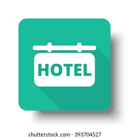 Flat white Hotel Sign web icon on green button with drop shadow