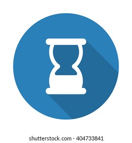 Flat white Hourglass web icon with long drop shadow on blue circle