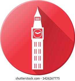 Flat white icon of Big Ben Tower on the red background