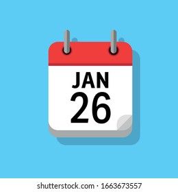 Flat white icon of page from calendar on blue background. 26th of January