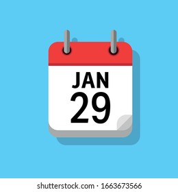 Icono blanco plano de página de calendario en fondo azul. 29 de enero