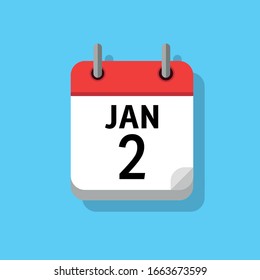 Icono blanco plano de página de calendario en fondo azul. 2 de enero
