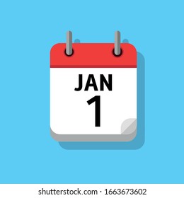 Icono blanco plano de página de calendario en fondo azul. 1 de enero