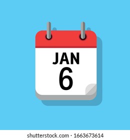 Flat white icon of page from calendar on blue background. 6th of January