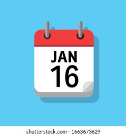 Icono blanco plano de página de calendario en fondo azul. 16 de enero