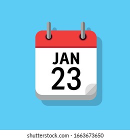 Flat white icon of page from calendar on blue background. 23rd of January