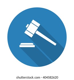 Flat white Law Gavel web icon with long drop shadow on blue circle