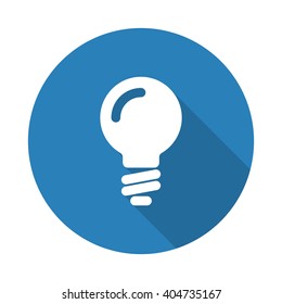 Flat white Light Bulb web icon with long drop shadow on blue circle