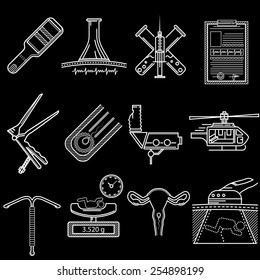 Flat white line vector icons for obstetrics. Set of flat white line vector icons for gynecology and obstetrics on black background.