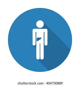 Flat white Liver web icon with long drop shadow on blue circle