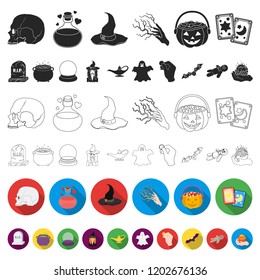 flat and white magic flat icons in set collection for design. Attributes and sorceress accessories vector symbol stock web illustration.
