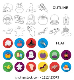 flat and white magic flat icons in set collection for design. Attributes and sorceress accessories vector symbol stock web illustration.
