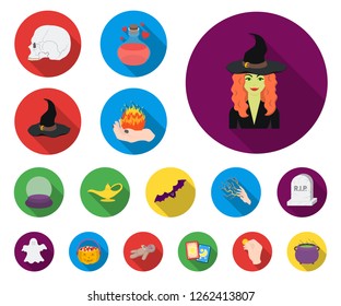 flat and white magic flat icons in set collection for design. Attributes and sorceress accessories vector symbol stock web illustration.