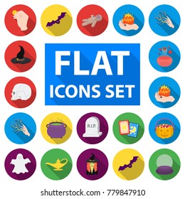 flat and white magic flat icons in set collection for design. Attributes and sorceress accessories vector symbol stock web illustration.