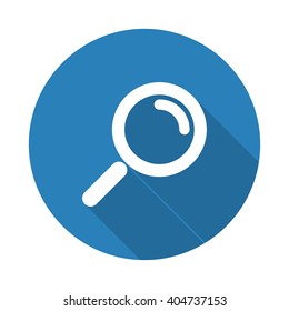 Flat white Magnifying Glass web icon with long drop shadow on blue circle
