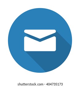 Flat white Mail web icon with long drop shadow on blue circle